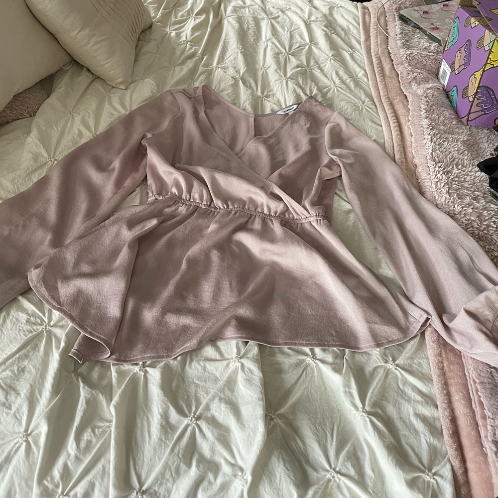 Long sleeve blush pink flutter sleeve false wrap front